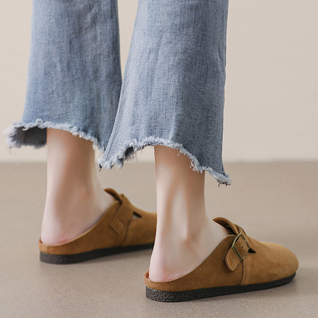 Women Closed Toe Soft Suede Sliders With Buckle Accents