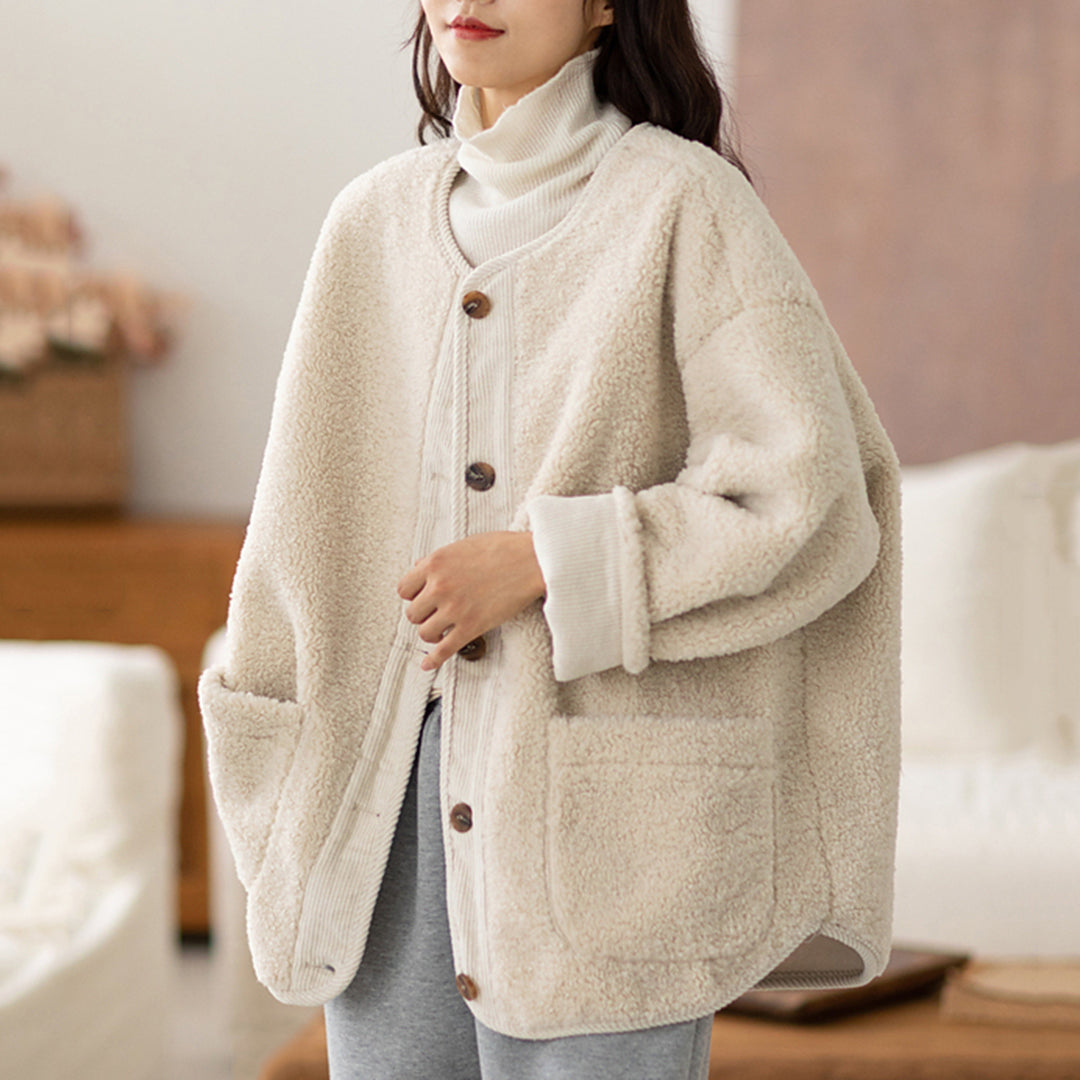 Women Crew Neck Fleece Coat - Luckyback