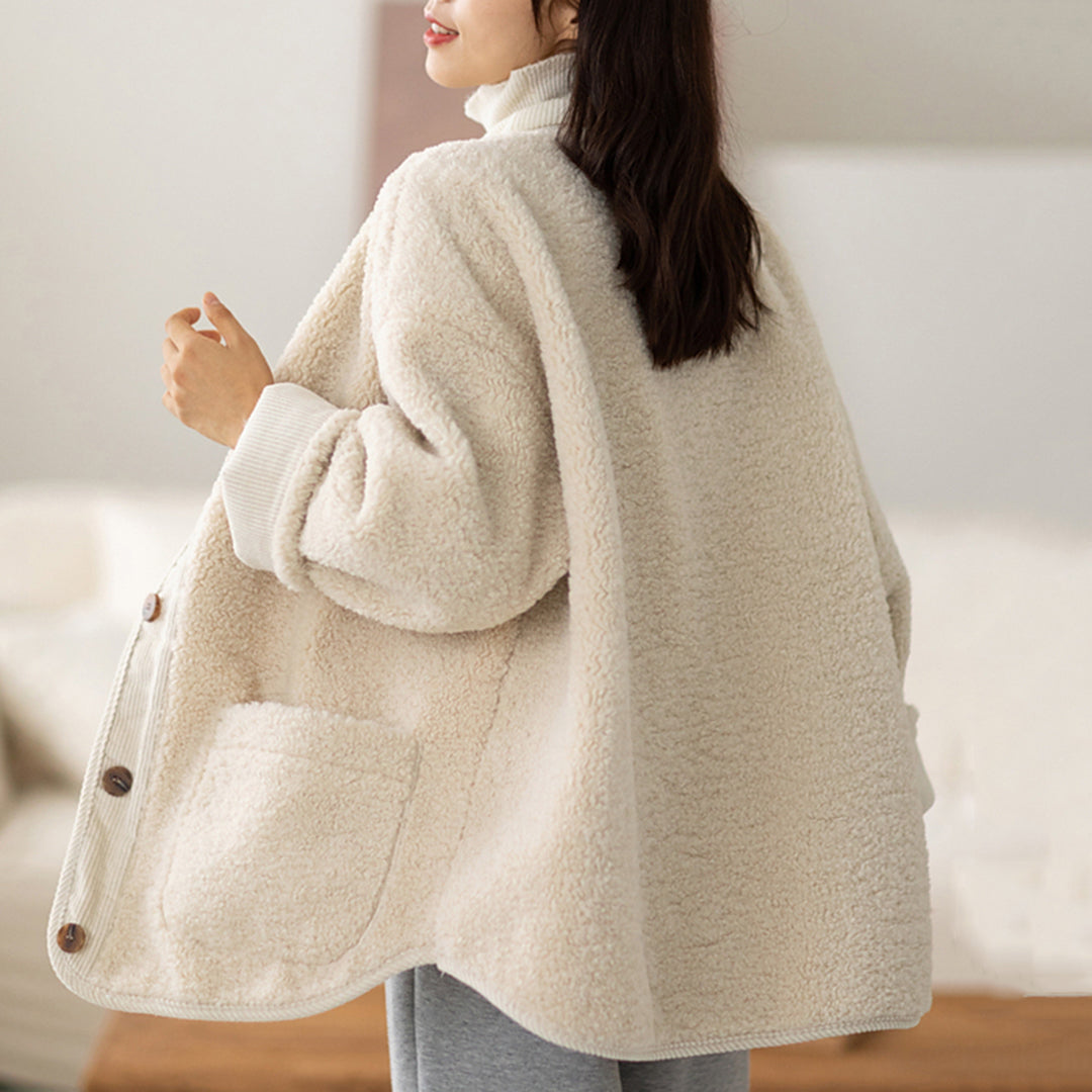 Women Crew Neck Fleece Coat - Luckyback