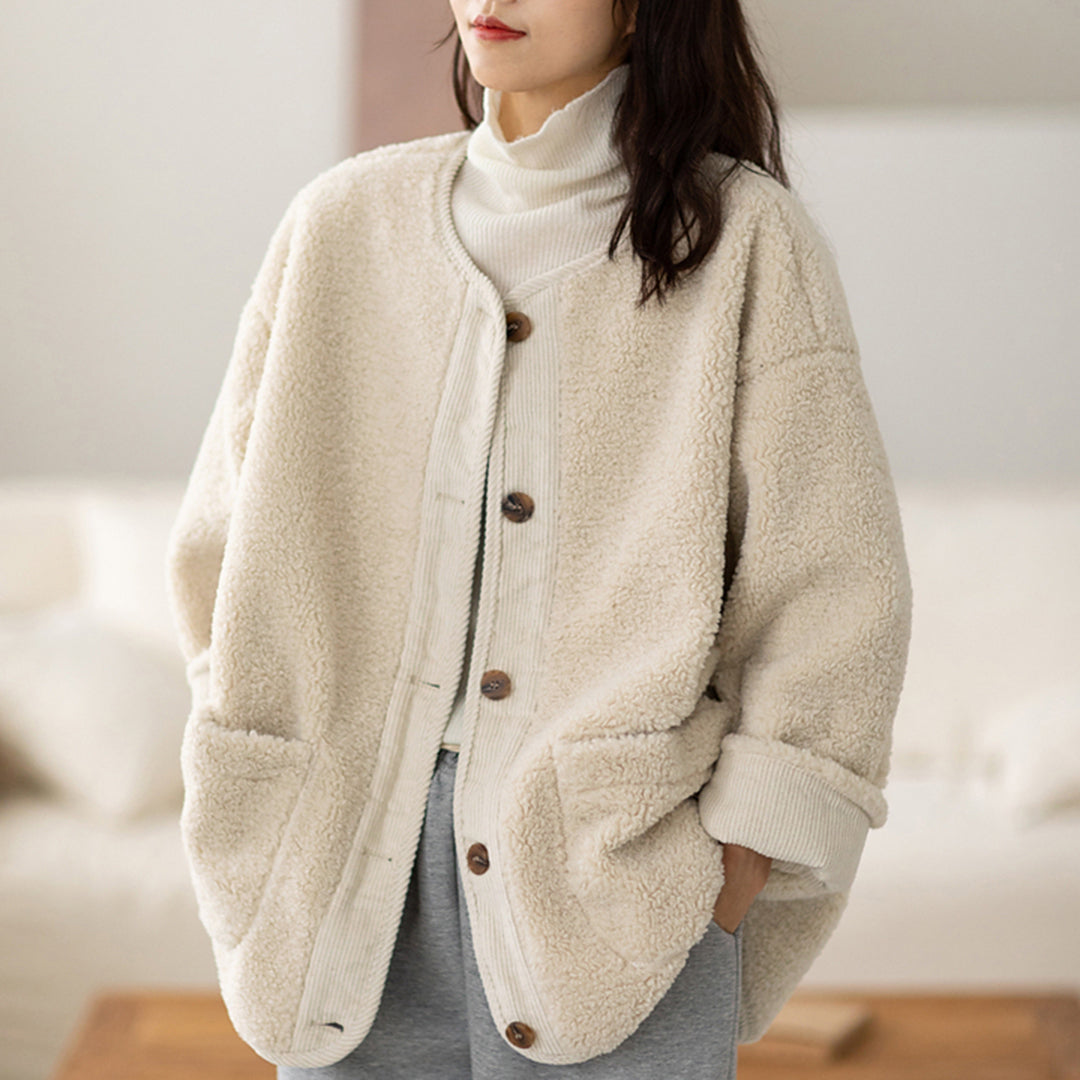 Women Crew Neck Fleece Coat - Luckyback