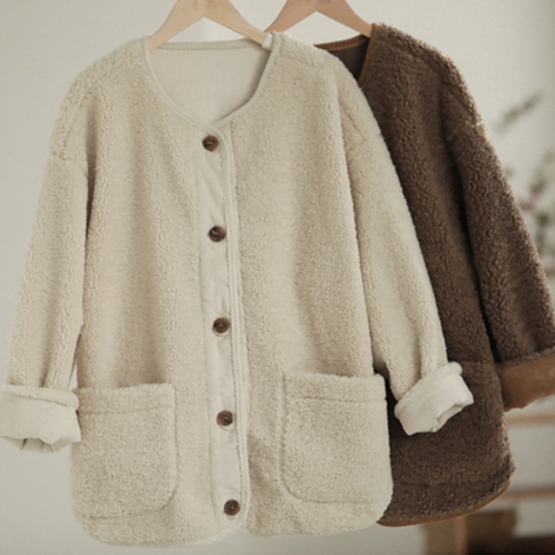 Women Crew Neck Fleece Coat - Luckyback