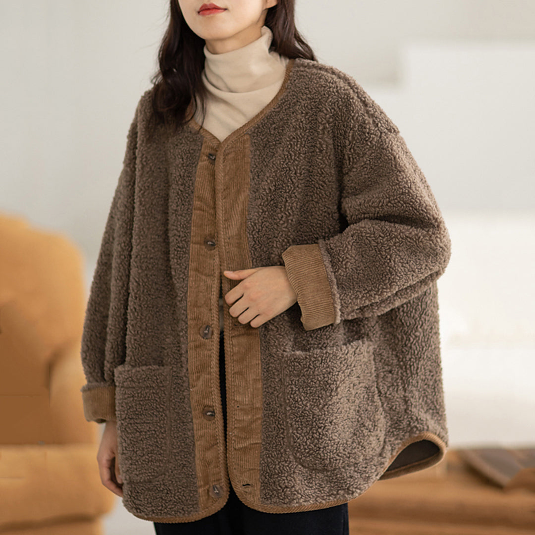 Women Crew Neck Fleece Coat - Luckyback