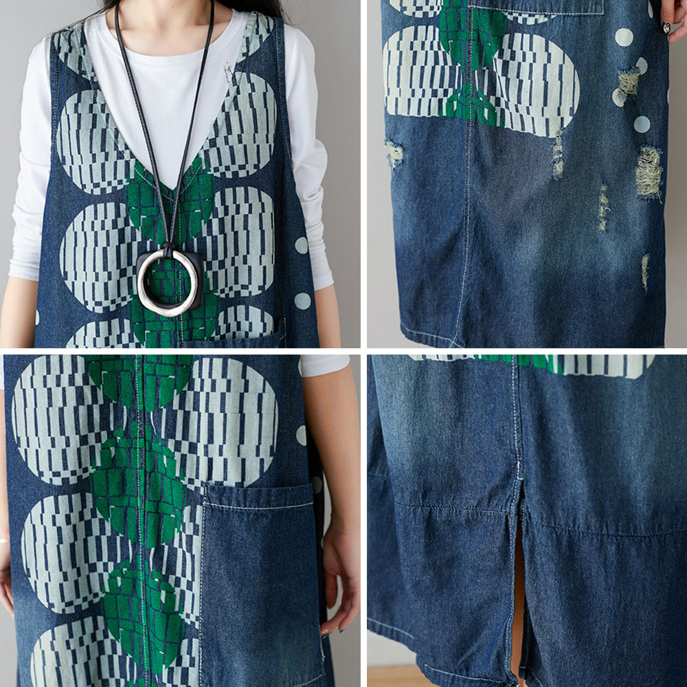 Women Dots Print Ripped V-neck Dress