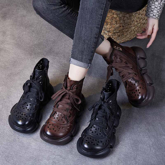 Women Handmade Hollow-out Lace-up Leather Boots