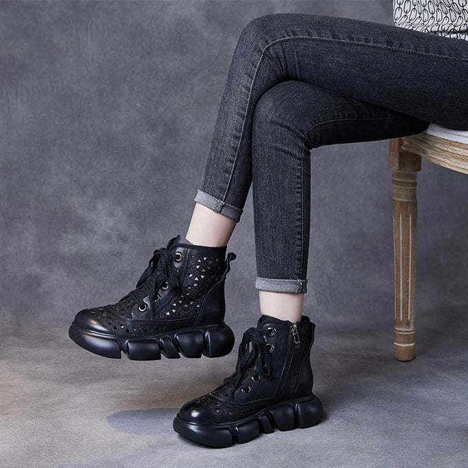 Women Handmade Hollow-out Lace-up Leather Boots