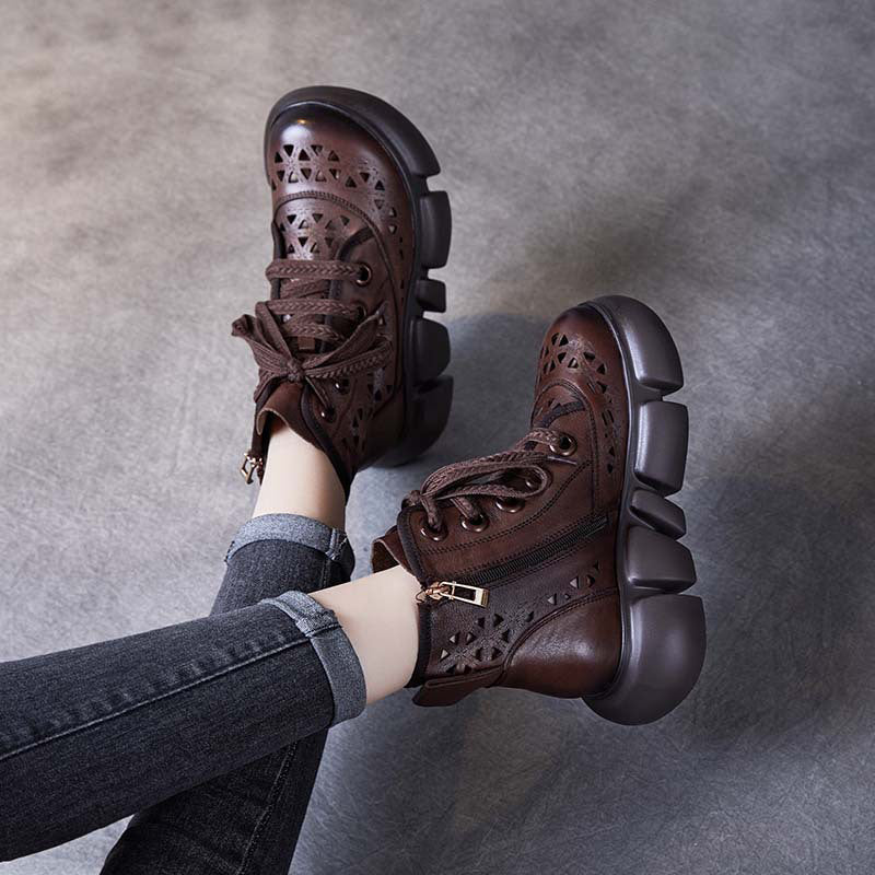 Women Handmade Hollow-out Lace-up Leather Boots