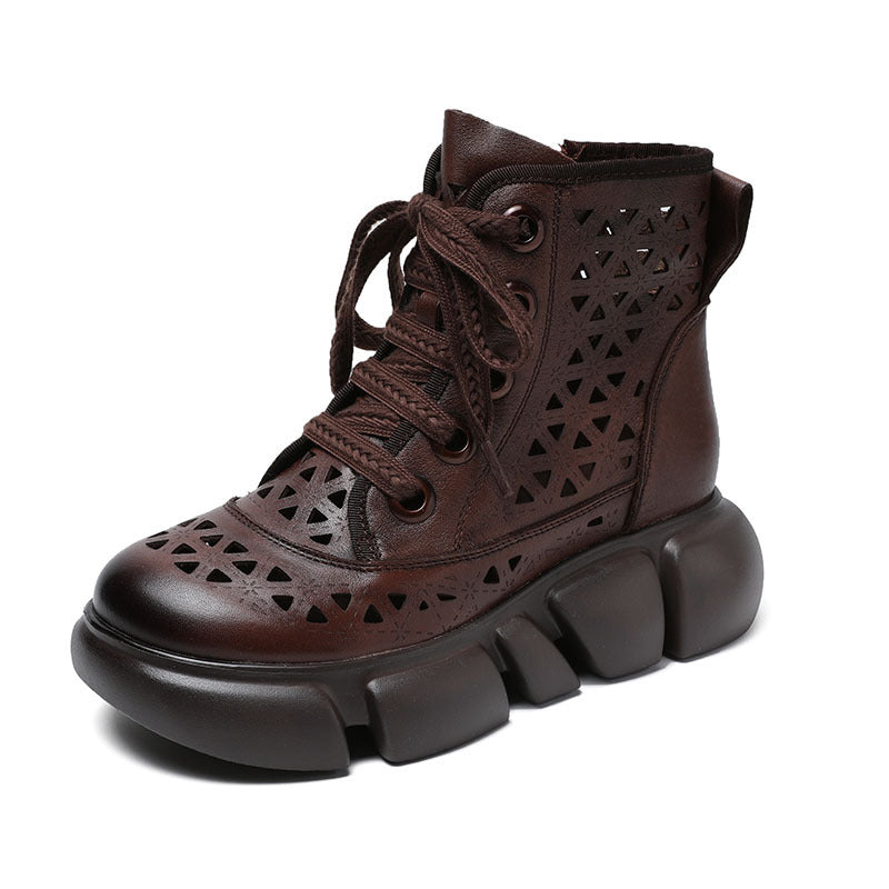 Women Handmade Hollow-out Lace-up Leather Boots