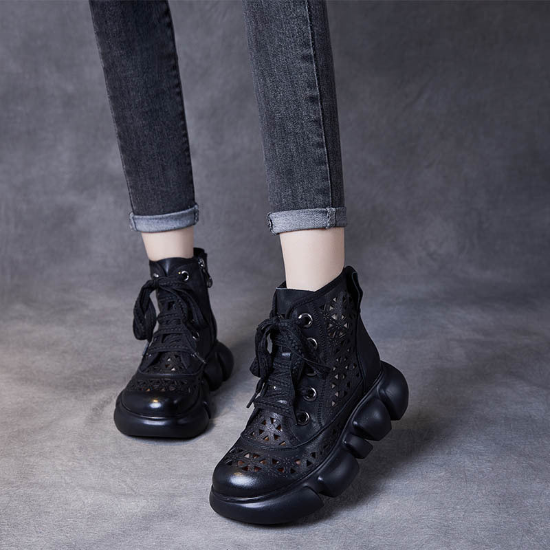 Women Handmade Hollow-out Lace-up Leather Boots