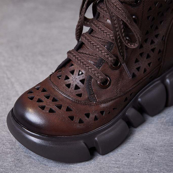 Women Handmade Hollow-out Lace-up Leather Boots