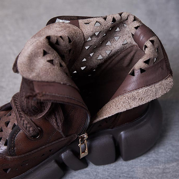 Women Handmade Hollow-out Lace-up Leather Boots