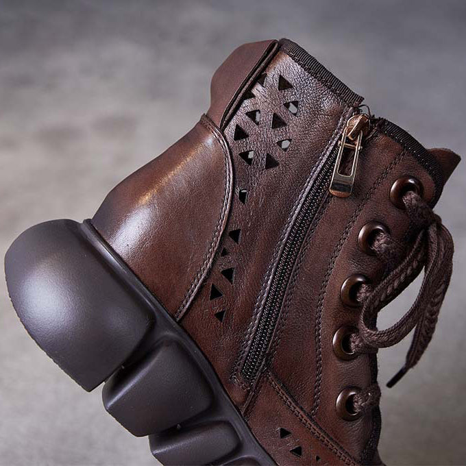Women Handmade Hollow-out Lace-up Leather Boots