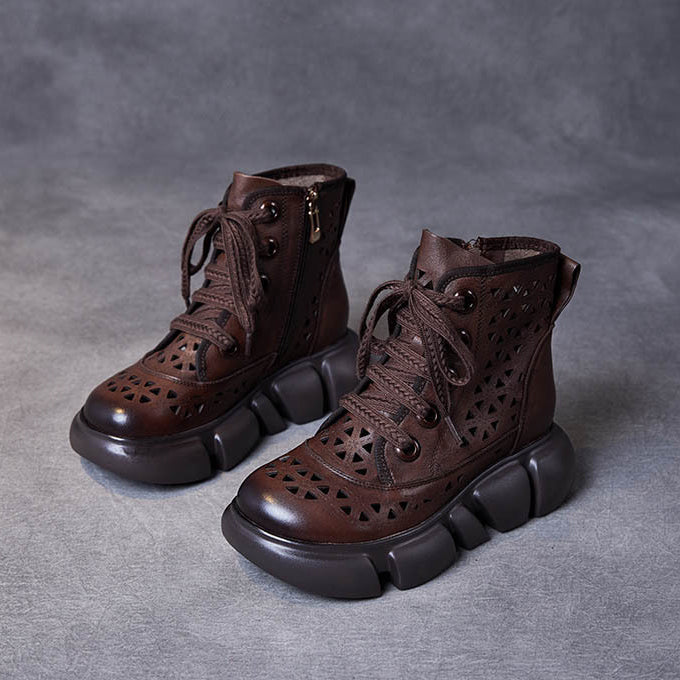Women Handmade Hollow-out Lace-up Leather Boots