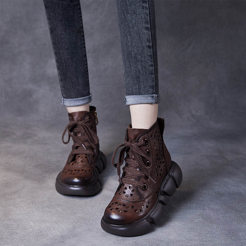 Women Handmade Hollow-out Lace-up Leather Boots