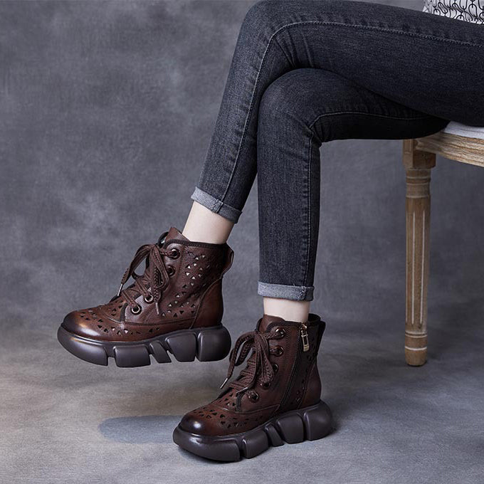 Women Handmade Hollow-out Lace-up Leather Boots