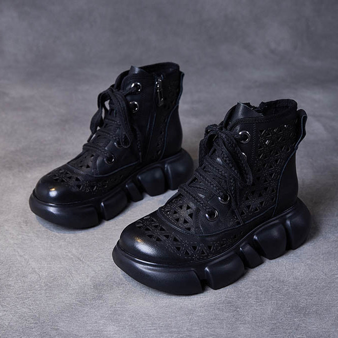 Women Handmade Hollow-out Lace-up Leather Boots