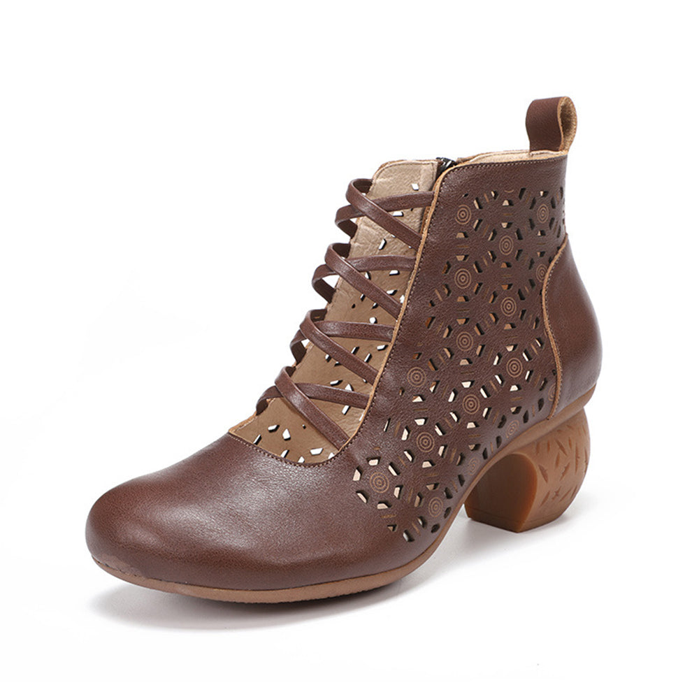 Women Hollow-Out Leather Mid Heel Pumps