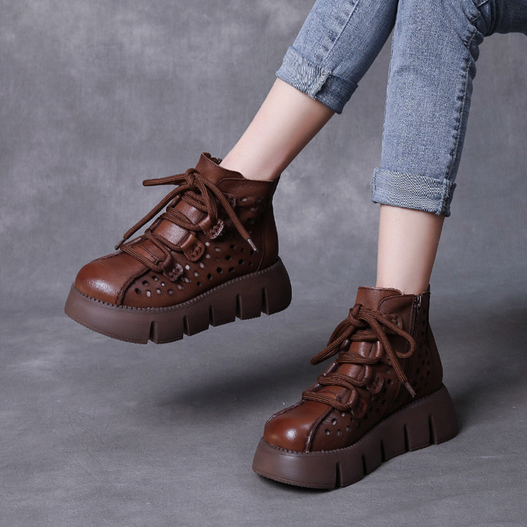 Women Hollow-Out Platform Leather Boots - Luckyback