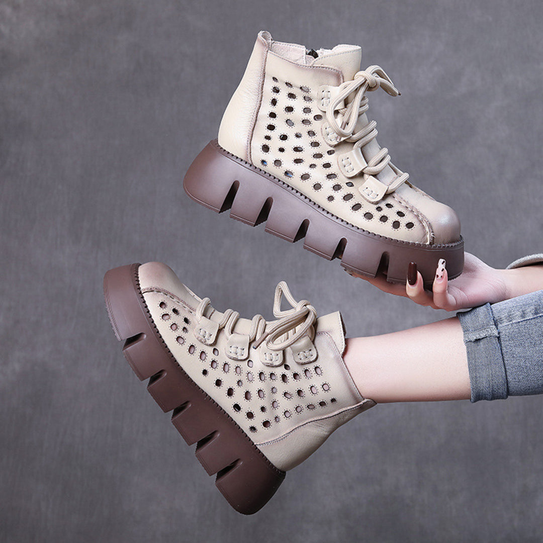 Women Hollow-Out Platform Leather Boots - Luckyback