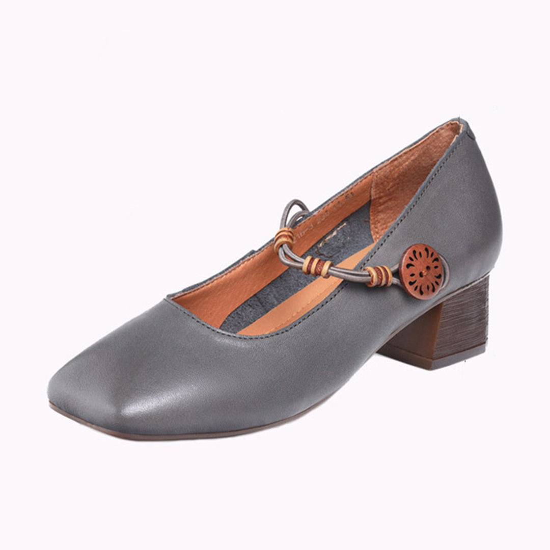 Women Leather Square Toe Chunky Heels - Luckyback