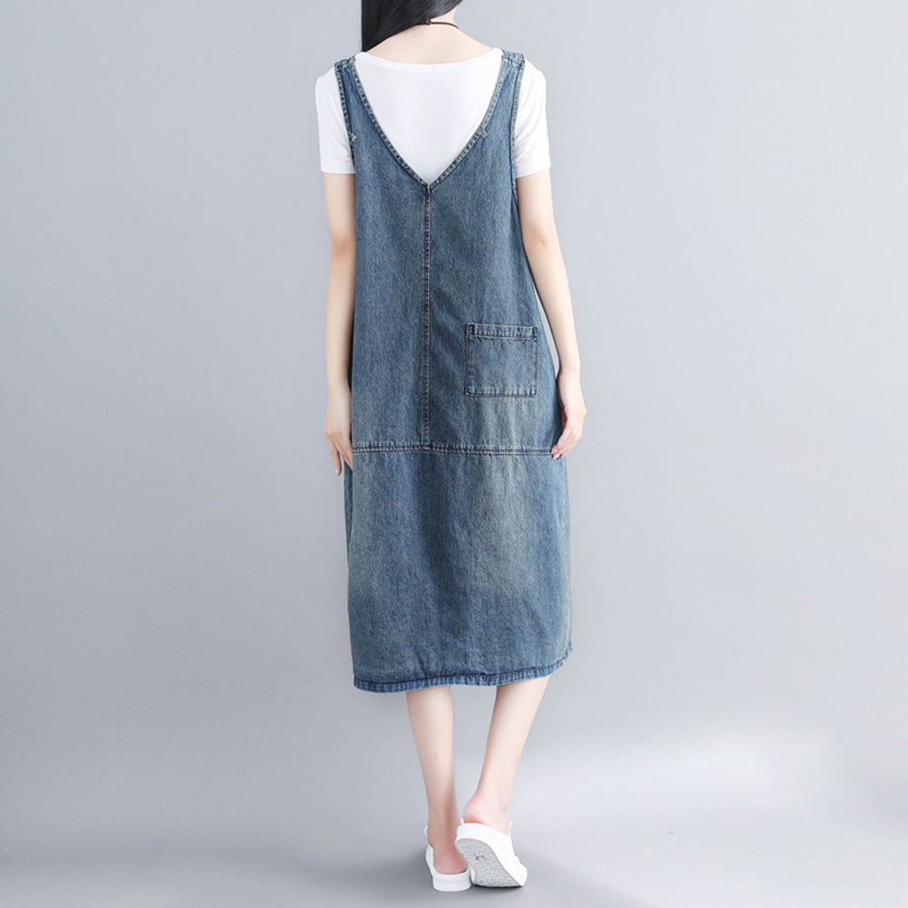 Patch Spliced Pinafore Denim Dress