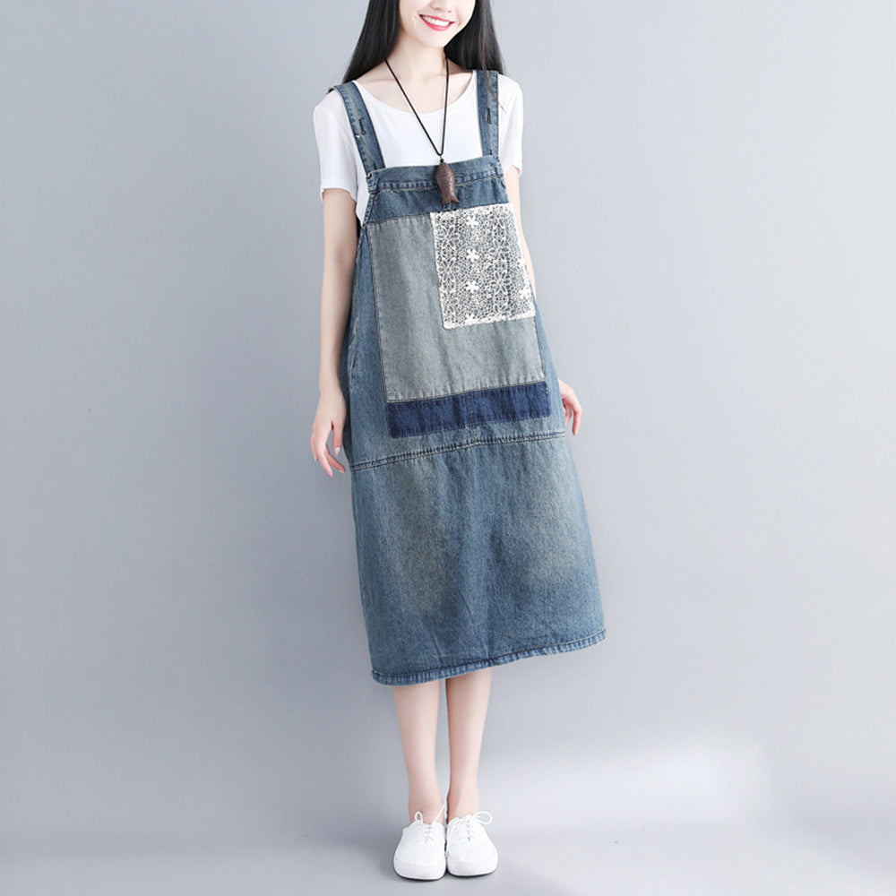 Patch Spliced Pinafore Denim Dress