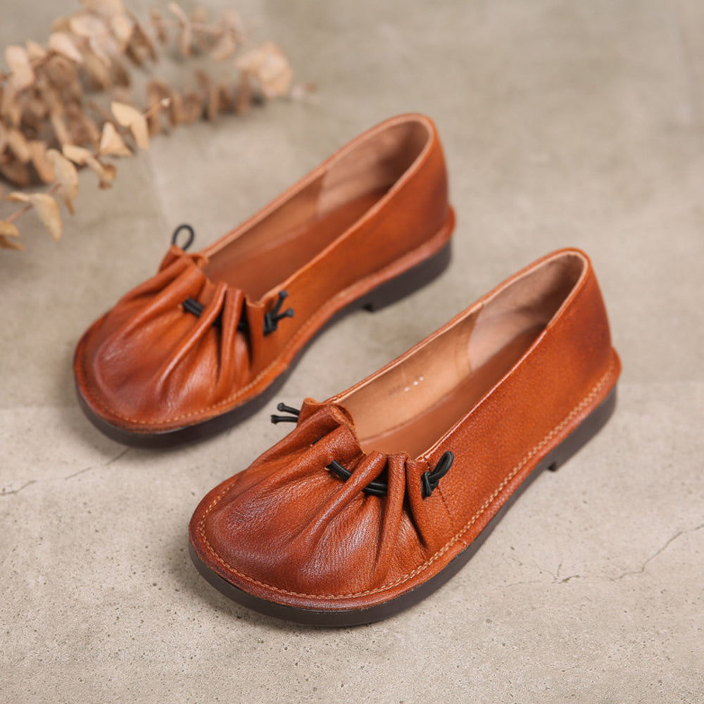 Women Pleated Leather Flat Shoes