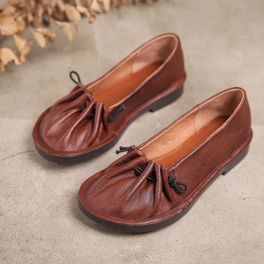 Women Pleated Leather Flat Shoes
