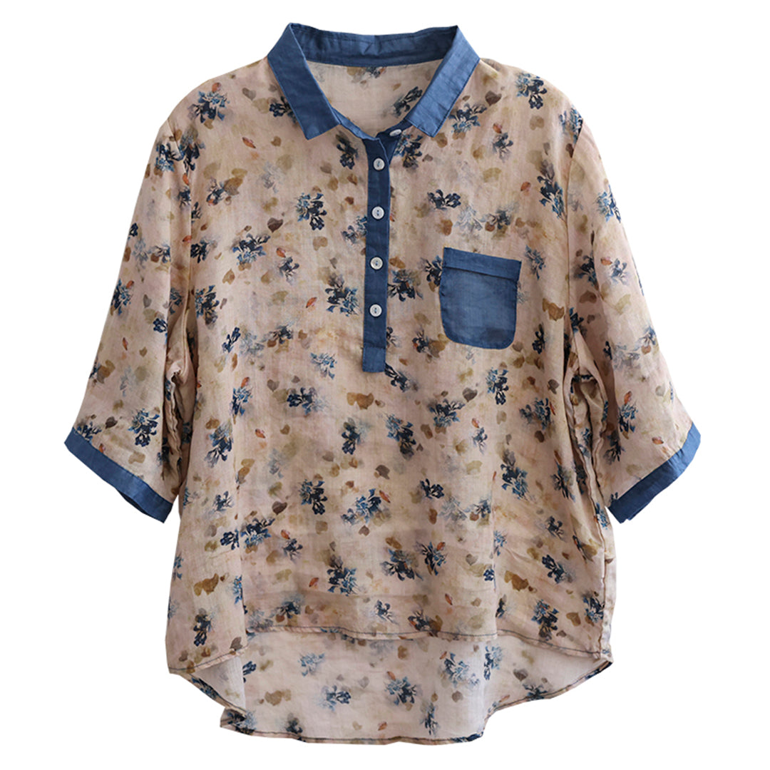 Women Printed Ramie Half Sleeve Blouse