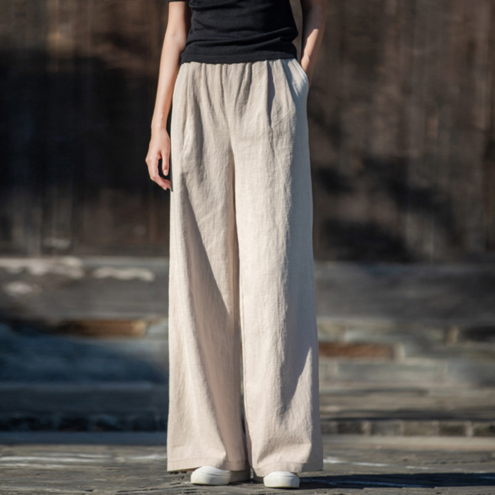 Women Ramie Loose Fit Wide Leg Pants