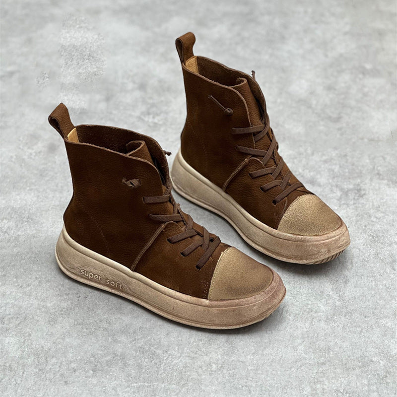 Women Retro Casual Platform Leather Ankle Boots