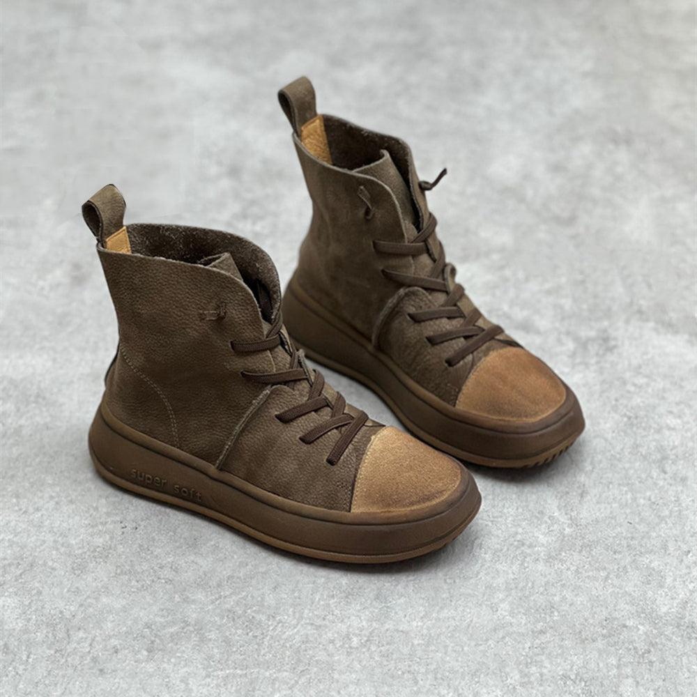 Women Retro Casual Platform Leather Ankle Boots