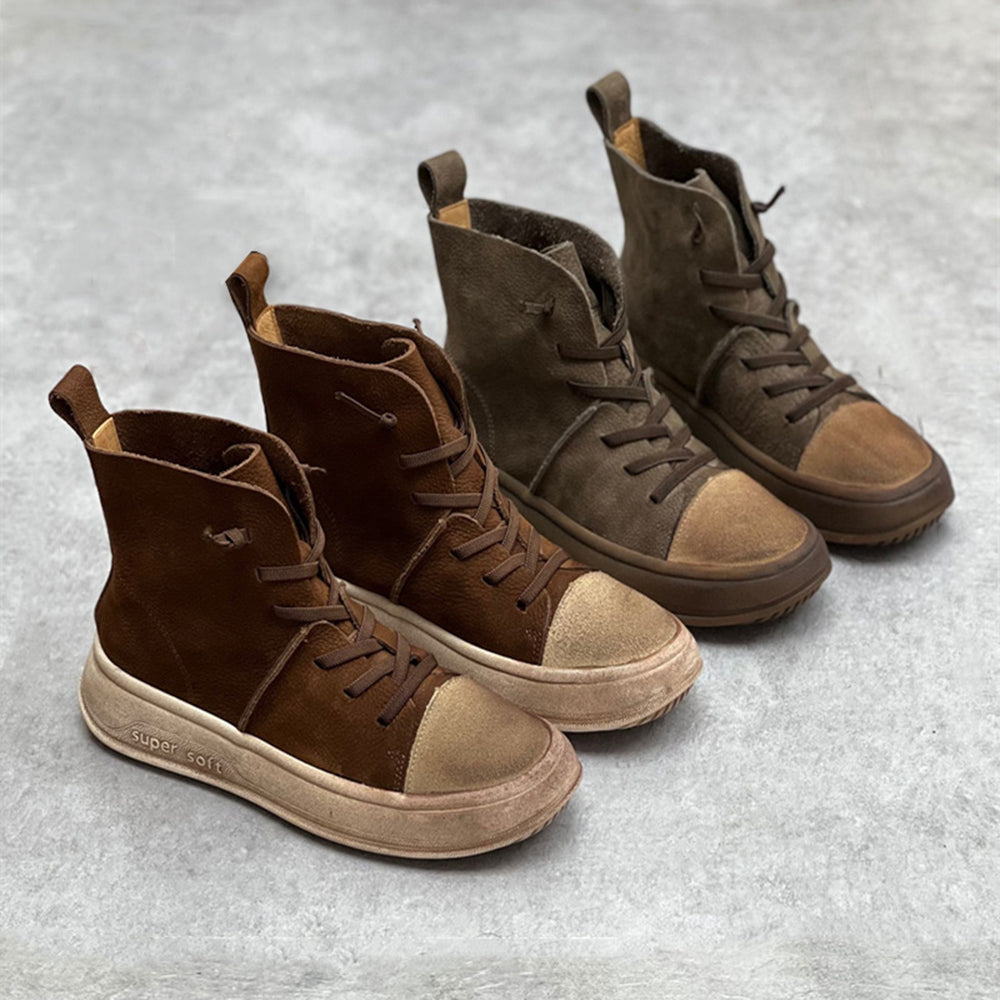 Women Retro Casual Platform Leather Ankle Boots