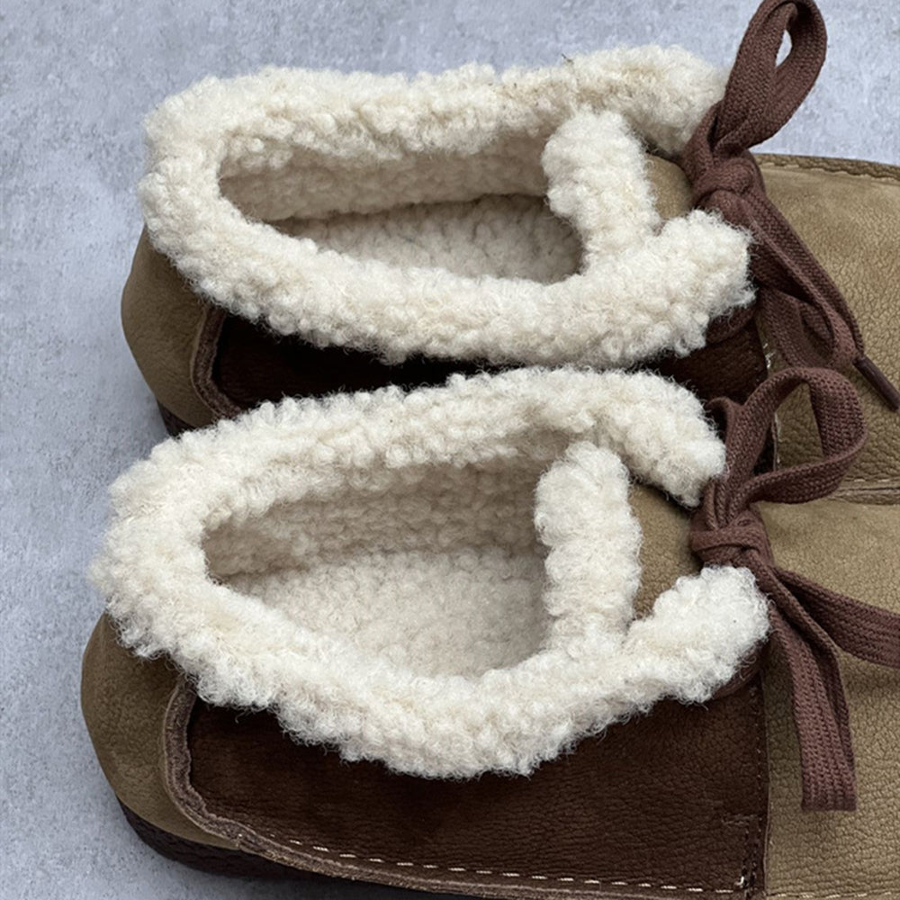 Women Retro Handmade Color-block Stitched Fleece Flat Shoes