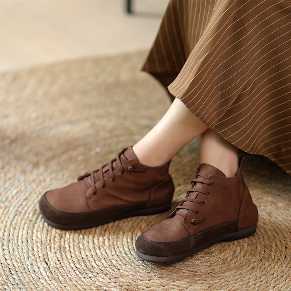 Women Retro Leather Color-Block Slip-On Boots