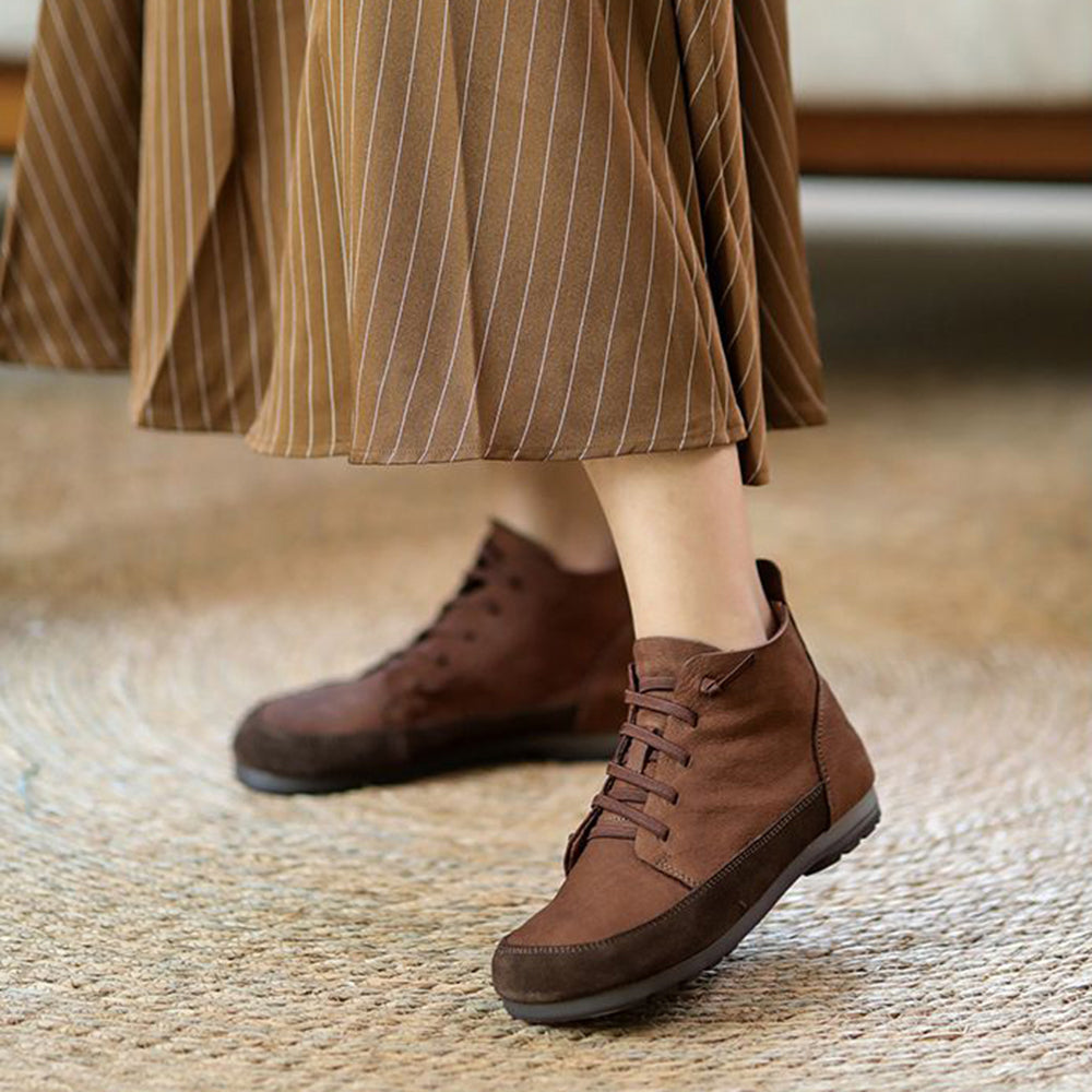 Women Retro Leather Color-Block Slip-On Boots