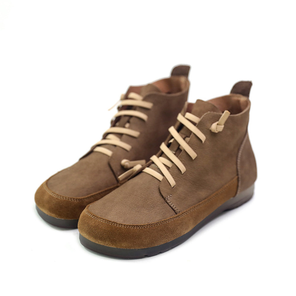 Women Retro Leather Color-Block Slip-On Boots