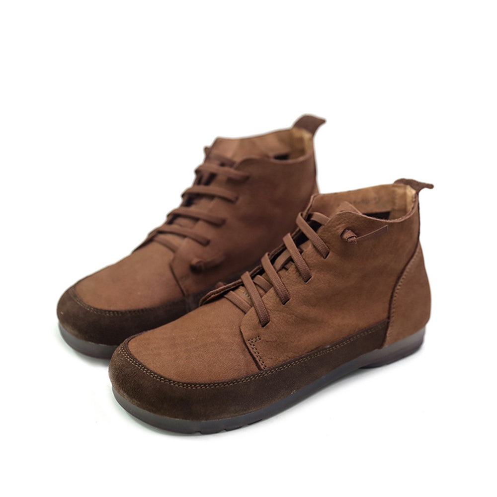 Women Retro Leather Color-Block Slip-On Boots