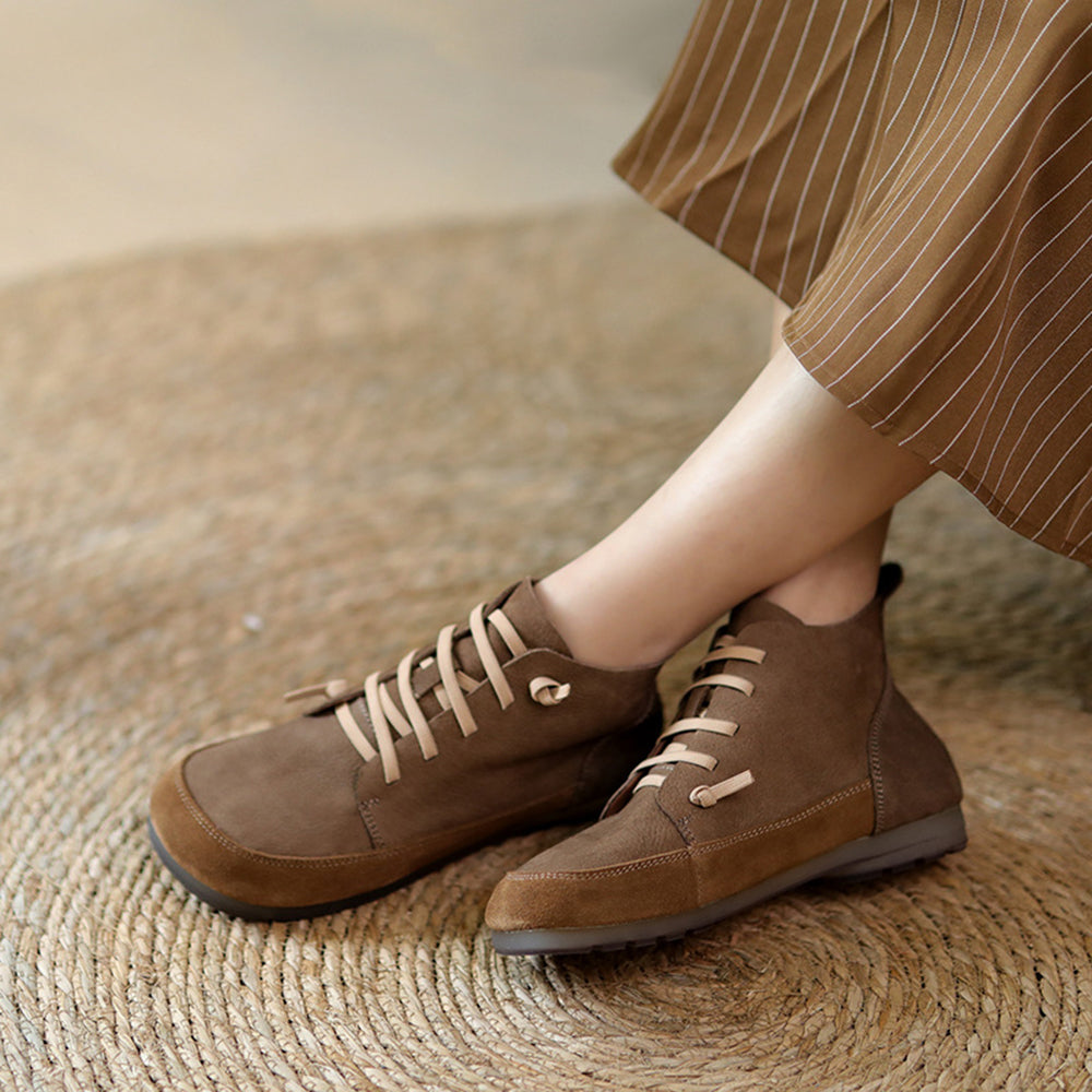 Women Retro Leather Color-Block Slip-On Boots