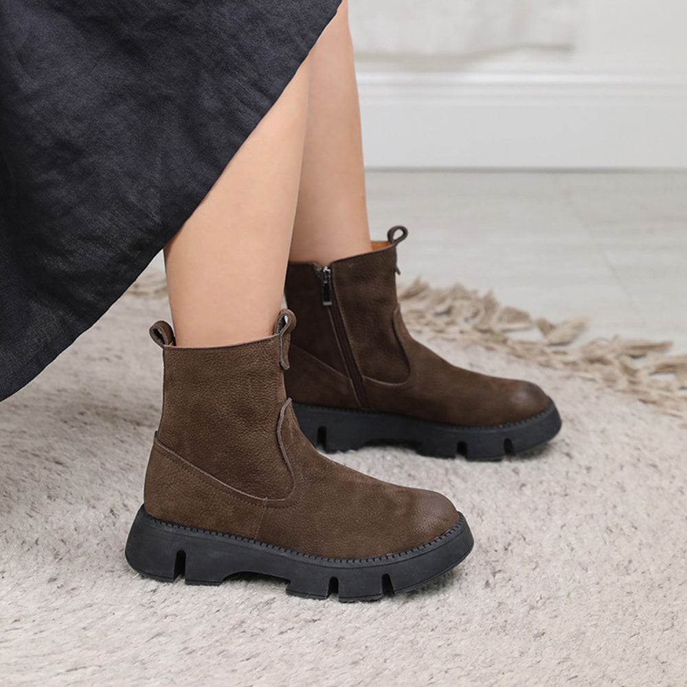 Women Retro Leather Round Toe Stitching Boots
