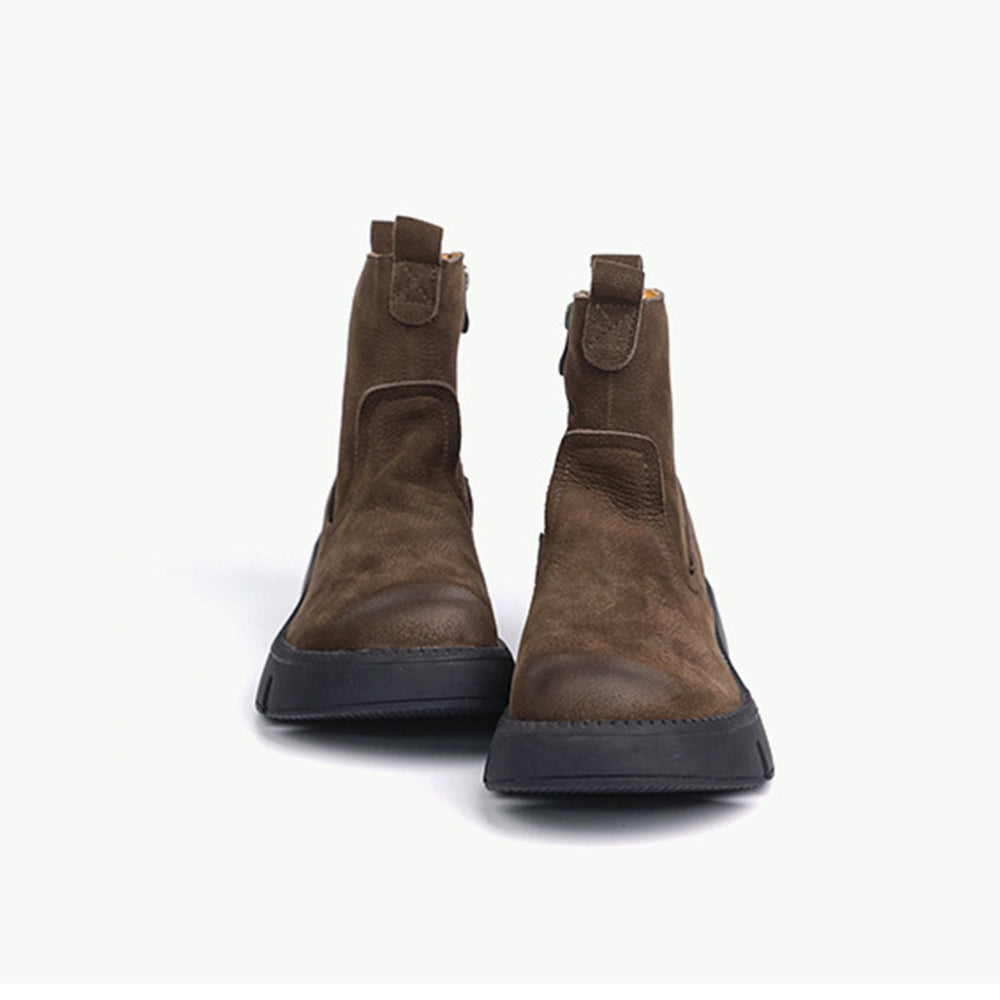 Women Retro Leather Round Toe Stitching Boots