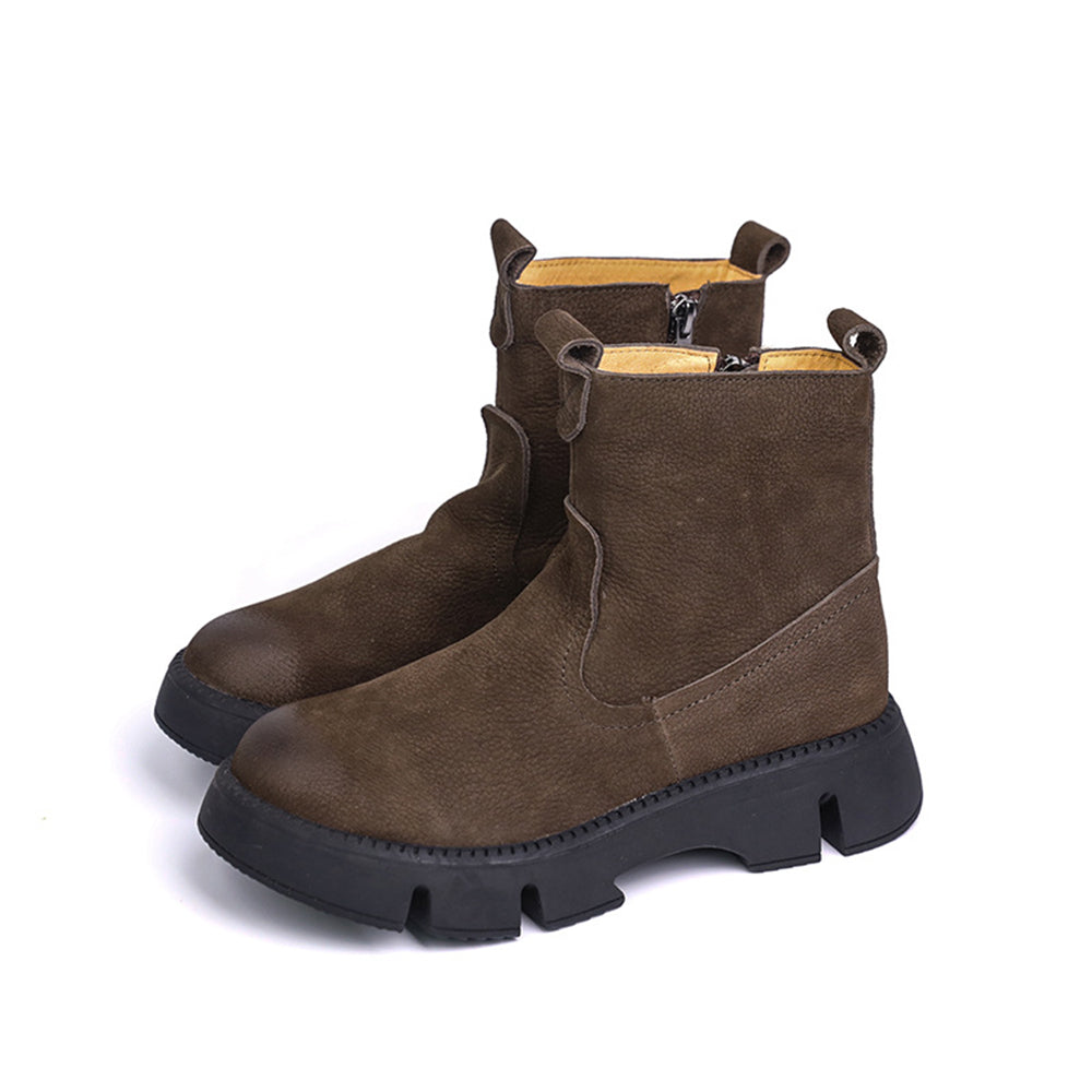 Women Retro Leather Round Toe Stitching Boots