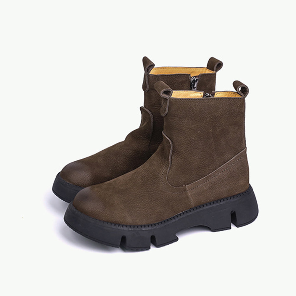 Women Retro Leather Round Toe Stitching Boots