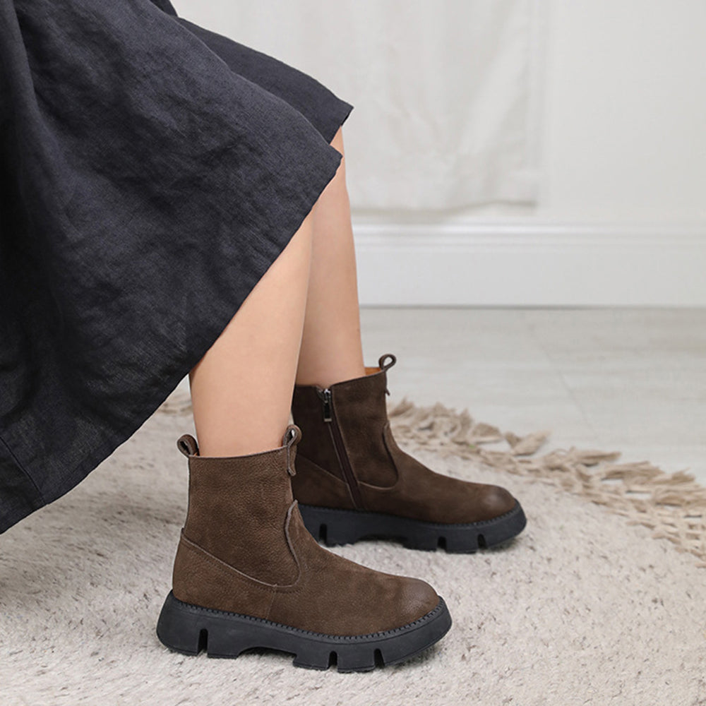 Women Retro Leather Round Toe Stitching Boots