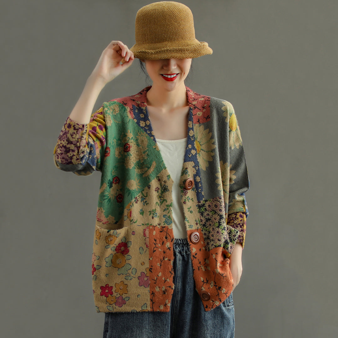 Women Retro Print Cardigan Coat - Luckyback