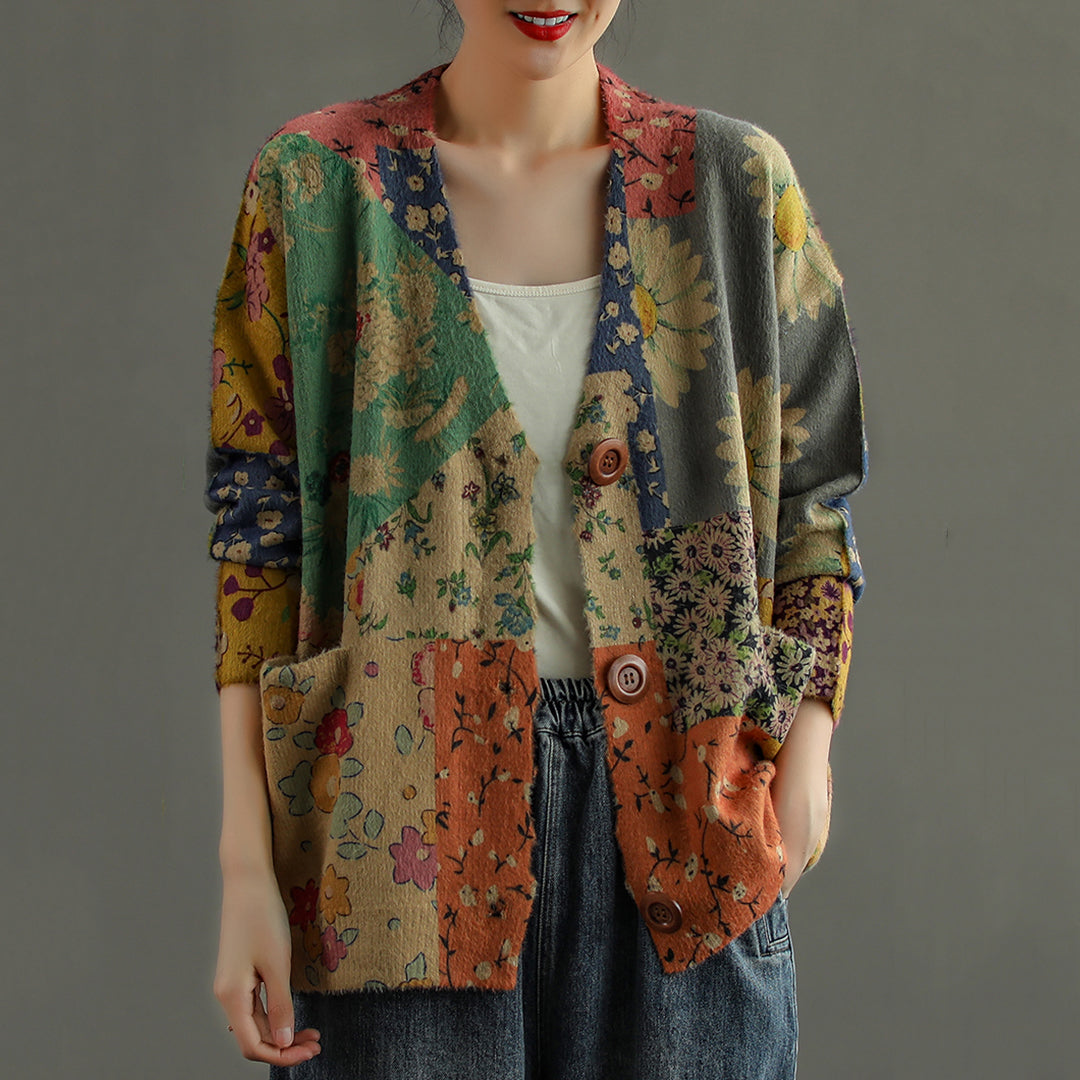 Women Retro Print Cardigan Coat - Luckyback