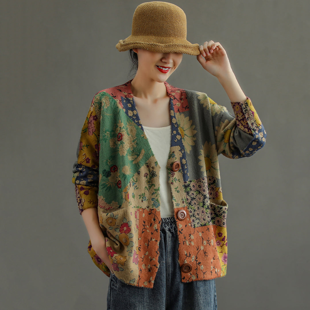 Women Retro Print Cardigan Coat - Luckyback