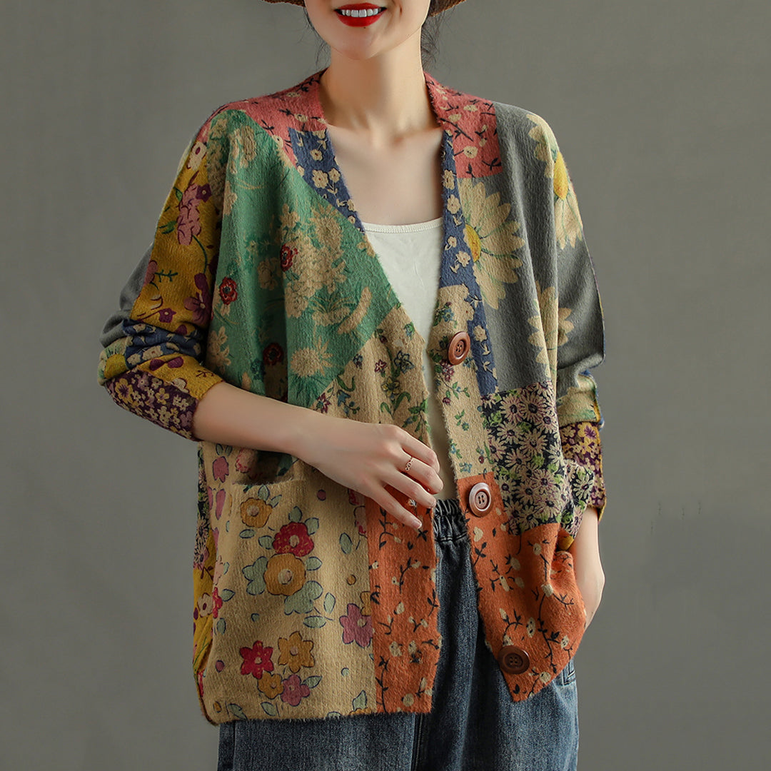 Women Retro Print Cardigan Coat - Luckyback