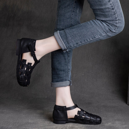 Women Retro Woven Cowhide Leather Sandals