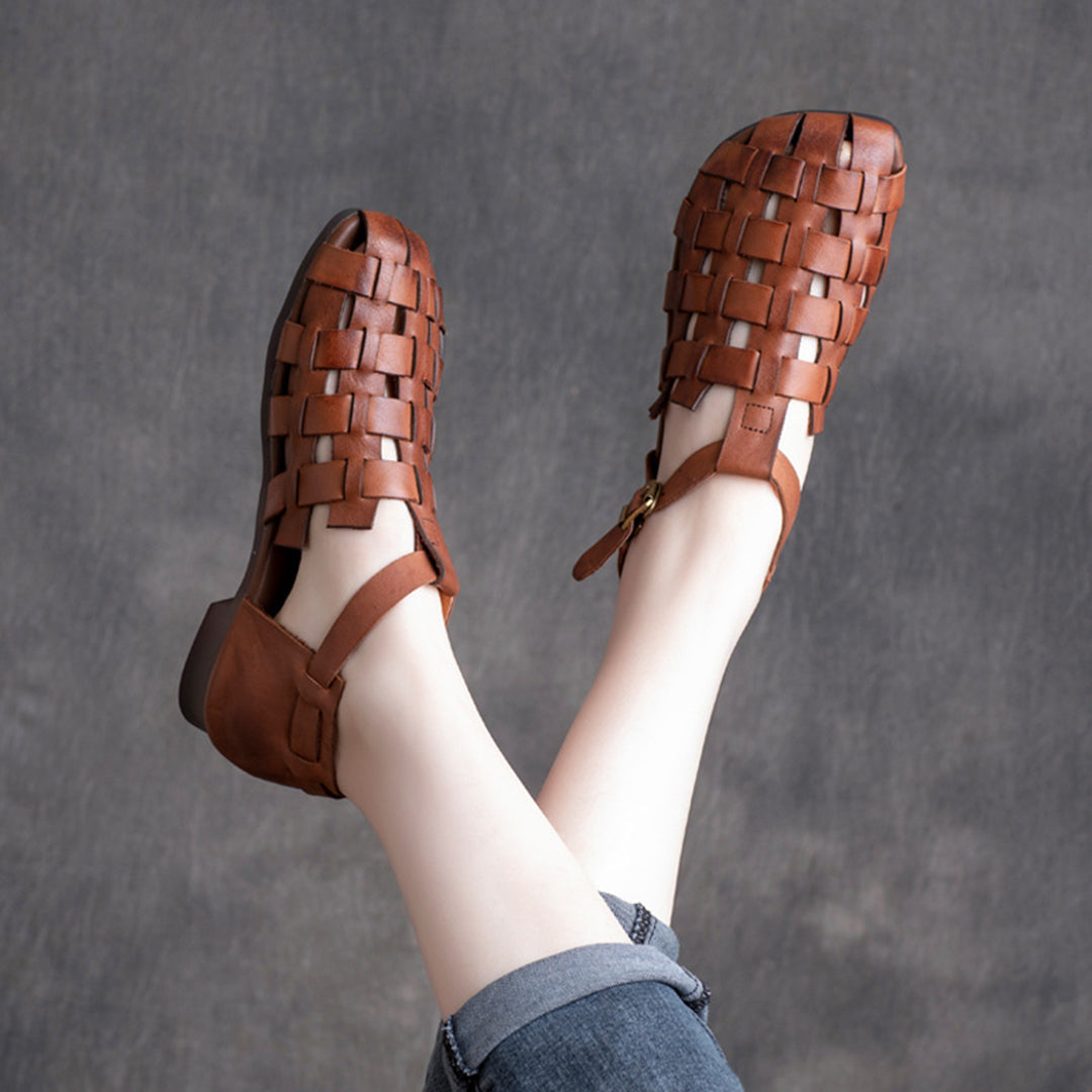 Women Retro Woven Cowhide Leather Sandals