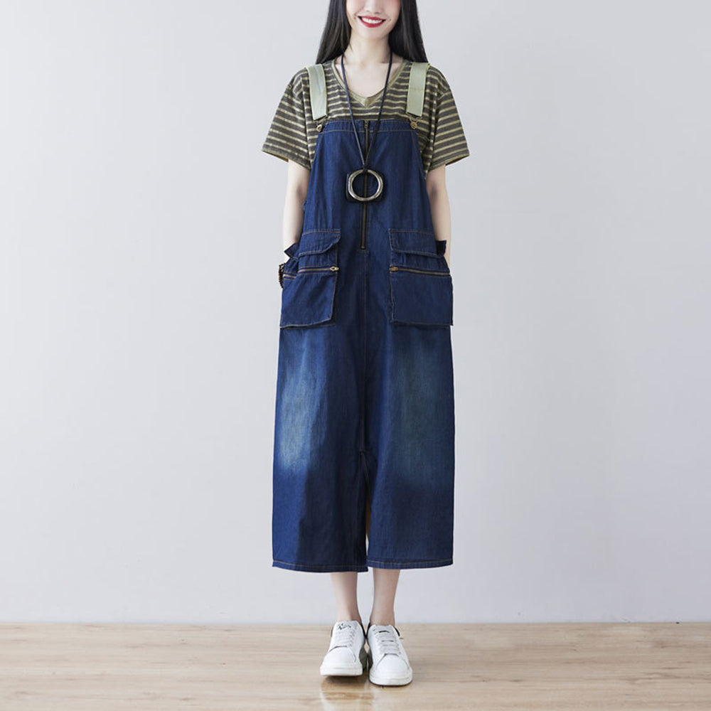 Women Slit Denim Pinafore Dress With Large Pockets